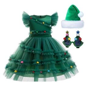 Festive Green Kids Costume Dress with Accessories